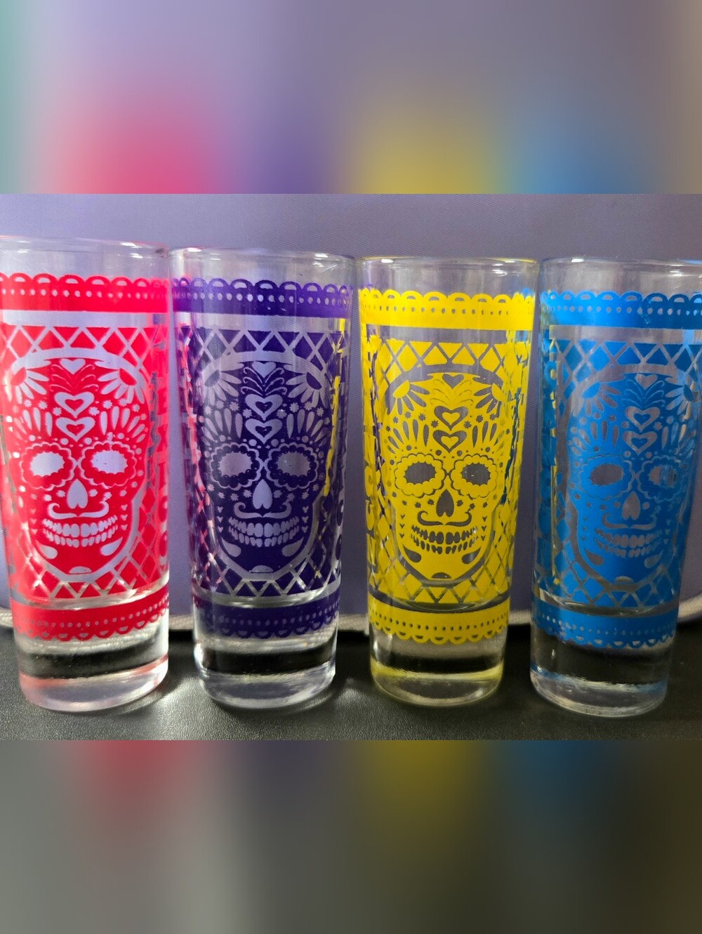 4 Vintage Cancun Mexico Day of the Dead Skull Tall Shot Glass